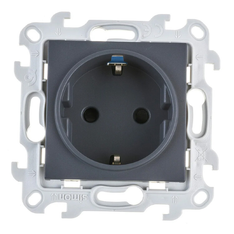 Розетка 1-ая электрическая, с заземлением и защитными шторками (безвинтовой зажим), цвет Графит, 24